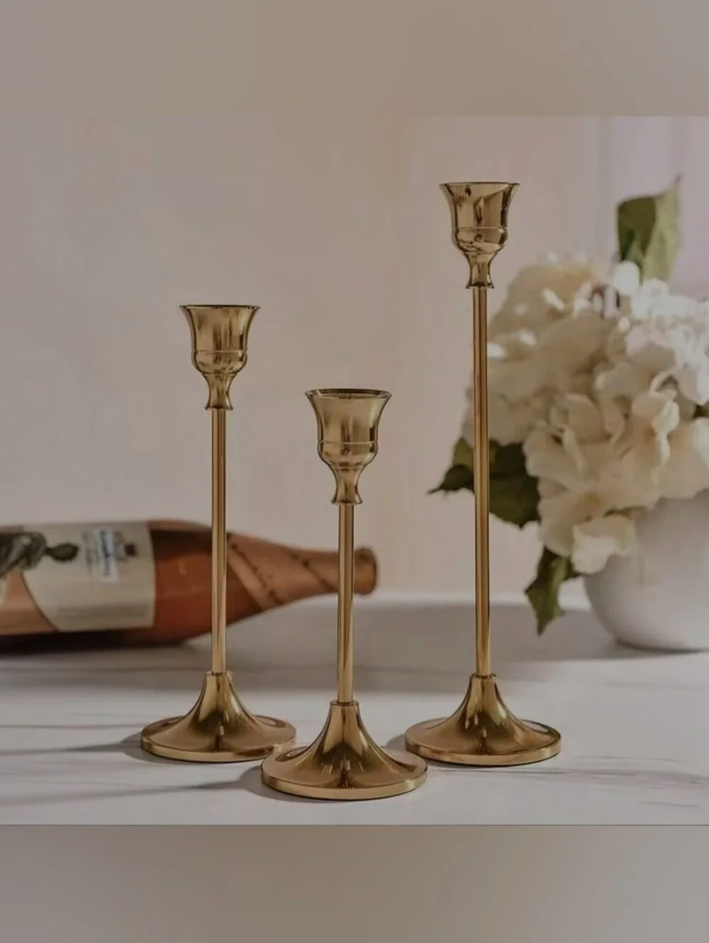 Vintage Gold Metal Tapered Candle Holders 3 Pcs Set
